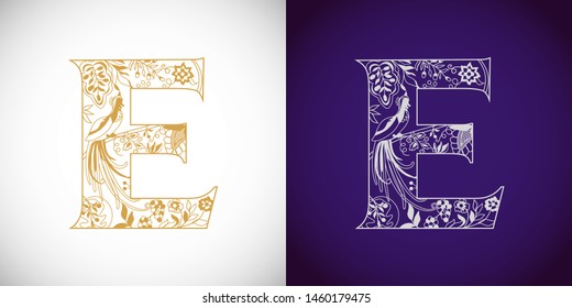 E logotype. Cutting golden logo. E-name idea. Concept of capital letter E in ethnical vip style. Isolated abstract graphic design template. Decorative herbal symbol, royal fairy bird. Brand identity.