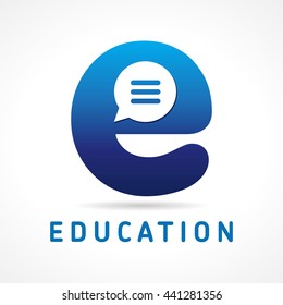 E logotype. Educational consult, blue coloured volume. I.Q. contact us template, computer or smartphone settings. Learning, teaching, e-reader, training, publishing, studying abstract isolated concept