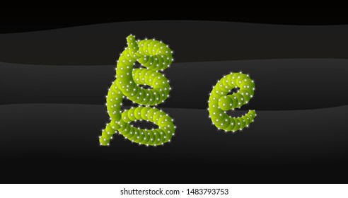 e Lowercase & Capital 3D Cactus Alphabet on black desert blackground, letters vector illustration