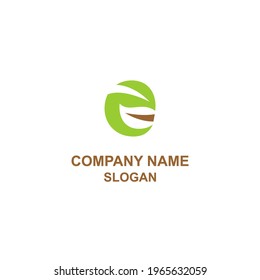 E lowercase letter initial logo, with leaves in negative space style.