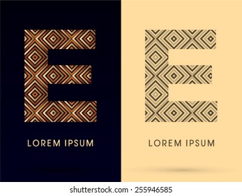 E ,Luxury font, designed using gold and brown bronze line square geometric shape with black and white tone, logo, symbol, icon, graphic, vector.