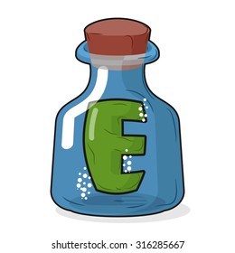 E in magic bottle. Letter in a vessel for laboratory and scientific research. Vector illustration.