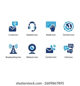 E mail, Headset, Braille, Connect, Broadcasting, Webcam, Contact, Chat, Blue Icon Set