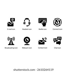 E mail, Headset, Braille, Connect, Broadcasting, Webcam, Contact, Chat, Black Icon Set