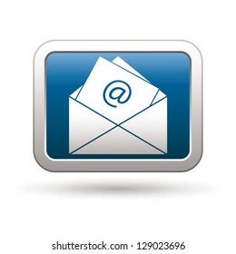 E mail icon on the blue with silver rectangular button. Vector illustration