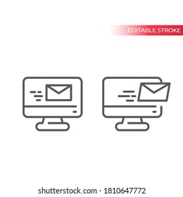 E mail on computer screen thin line icon. Mail, envelope and monitor, email symbol. Outline, editable stroke.
