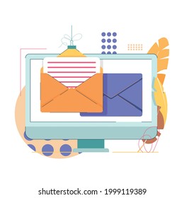 E mail service concept flat vector illustration. Email check up on laptop. Online communication, correspondence, social network. Message, letter with envelopes, notification. Internet advertisement.