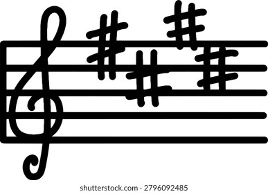 E Major and C Minor, Music staff featuring treble clef and multiple sharp notes. Educational musical notation symbol isolated on white background.