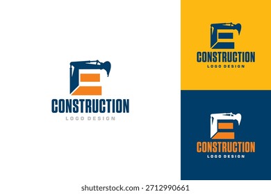 E Mark Excavator Arm Logo, Symbolizing Power and Strength in Construction. Isolated on white background.