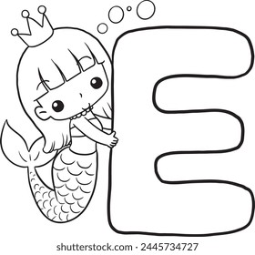 E mermaid cartoon doodle coloring page