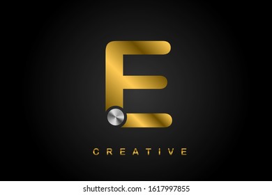 E metallic golden letter with silver screw vector illustration. Creative letter design for icon, logo, label, cover, print, emblem, company name, jewelry or web page. 