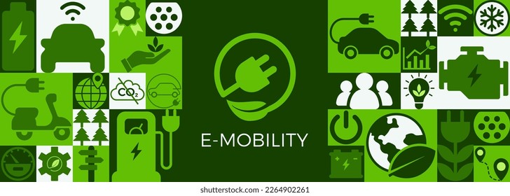 Ilustración vectorial de movilidad electrónica o electromovilidad. Concepto con símbolos para el transporte respetuoso con el medio ambiente, batería y carga de vehículos, tecnología de automóviles electrónicos y vehículos eléctricos o híbridos. Cartel del vector.