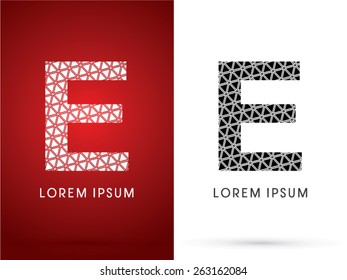 E ,Modern font, designed using white and black triangle geometric shape. on red and white background, sign ,logo, symbol, icon, graphic, vector.