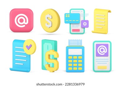 E money payment cashless cash financial transaction online banking transfer set 3d icon realistic vector illustration. Commercial paying smartphone application credit card service settings invoice