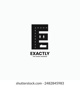 E monogram with house, trees, and street minimal logo design concept. Vector illustration