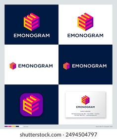 E monogram. Letter E as cube. 3D imitation. Corporate Style, identity. Using colors and app icon. 