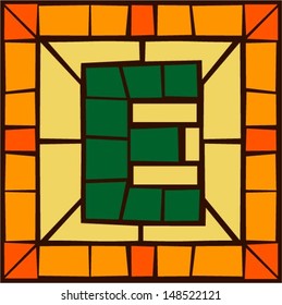 E - Mosaic alphabet capital letters, stained glass windows with frame or tile design, vector illustration