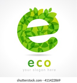 E name logotype. Isolated abstract template. Trendy graphic leaves template. Healthy pure clear biotech corporate healthcare branding identity. Label with typography abc element font idea type concept
