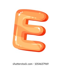 E orange glossy bright English letter, kids font vector Illustration on a white background