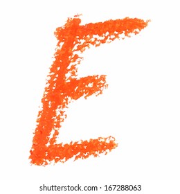E - Orange handwritten letters on white background. Panda oil pastel colors.  Vector Illustration. 