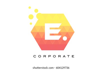 E Orange Hexagon Shaped Letter Logo Design with Dots Bubbles.