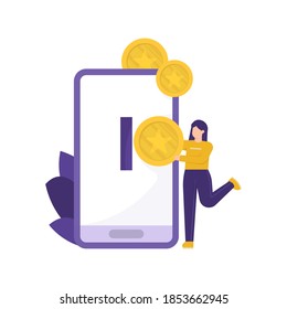 e payment concept, loyalty program, collect points, get rewards. illustration of a woman getting coins that come out of the smartphone. want to enter or save coins. flat style. design elements