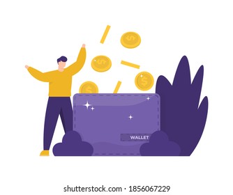 e payment concept, loyalty program, collect points, get rewards. illustration of a man holding coins that fall using a wallet. money raining and online storage. flat style. design elements