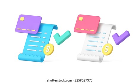 E payment success banking electronic transaction shopping invoice 3d icon set realistic vector illustration. Credit card paying commercial verification bill receipt accounting purchase money report