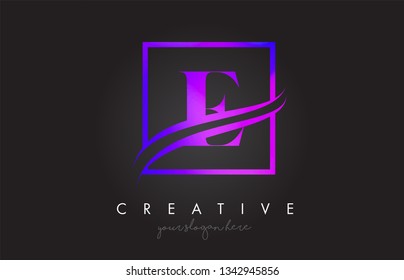 E Purple Violet Letter Icon Logo Design with Square Swoosh Border and Creative Design Vector Illustration.