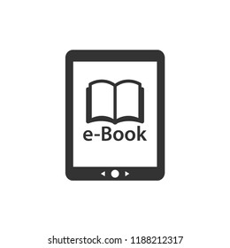 E reader device with open book and e-book text. Tablet touchpad e-reader vector icon.
