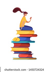 E reading flat vector illustration. Digital library archive isolated clipart on white background. Girl, sitting on books pile, reading ebook cartoon character. Internet self education, remote work