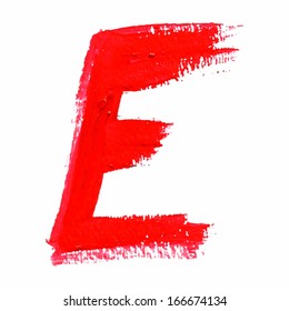 E - Red handwritten letters  on white background.  Acrylic colors.  Vector Illustration.