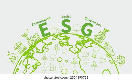 E S G concept. Environmental. Social. Governance.  Line art. Single page. Style. Flat design. Horizontal. Environmental icons. and tell stories with pictures