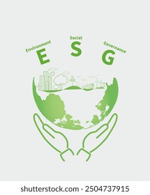 E S G concept. Environmental. Social. Governance.  Line art. Single page. Style. Flat design. Horizontal. Environmental icons. and tell stories with pictures