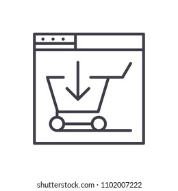 E shop purchase black icon concept. E shop purchase flat  vector symbol, sign, illustration.