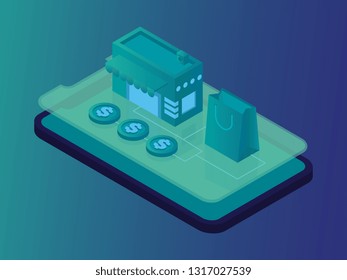 E shop vector isometric illustration. with  shopping bag, coin, store come out from a smartphone, so perfect for web or mobile ui