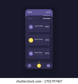 E shopping application smartphone interface vector template. Mobile app page dark theme design layout. Favorite online stores list screen. Flat UI for application. Shops rating on phone display