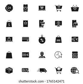 e comprar iconos vectoriales negros aislados en fondo blanco. e conjunto de iconos de compras para diseño web y ui, aplicaciones móviles y productos de impresión