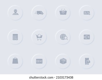 e shoppen graue Vektorsymbole auf rundem Gummi Knöpfe. e-Shopping-Icon-Set für Web, mobile Apps, i-Design und Förderung der Unternehmenspolygraphie