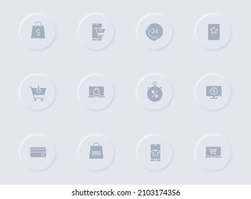 e shoppen graue Vektorsymbole auf rundem Gummi Knöpfe. e-Shopping-Icon-Set für Web, mobile Apps, i-Design und Förderung der Unternehmenspolygraphie