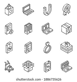 
E Shopping and Logistic Delivery Solid Isometric Icons 