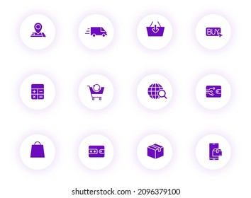 e shopping purple color vector icons on light round buttons with purple shadow. e shopping icon set for web, mobile apps, ui design and print