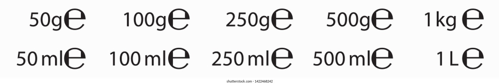 Signo E (marca electrónica) para pesos y volúmenes estimados. Símbolo vectorial de los envases y etiquetas utilizados en la Unión Europea para los alimentos preenvasados, bebidas y cosméticos en diferentes gramos y mililitros.