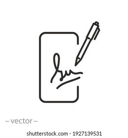 e signature on the phone icon, online contract, digital document, verification or authentication account user, thin line symbol on white background - editable stroke vector