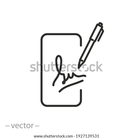 e signature on the phone icon, online contract, digital document, verification or authentication account user, thin line symbol on white background - editable stroke vector