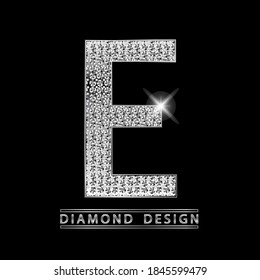 E silver shining Letter with diamonds vector illustration. White gems with light on metallic letter. Stylish luxury type logo for jewelry or casino business.