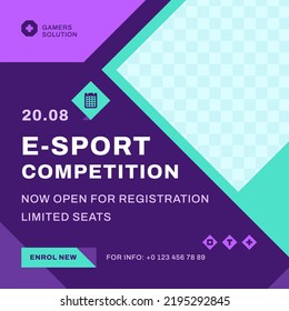 E sport competition online streaming registration form social media post copy space template vector illustration. Cyber video game internet tournament virtual reality gaming league web banner promo