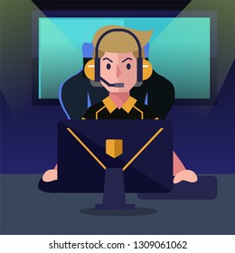 E sport concept, Gamer using computer for playing game in the room. Online streaming. Vector illustration
