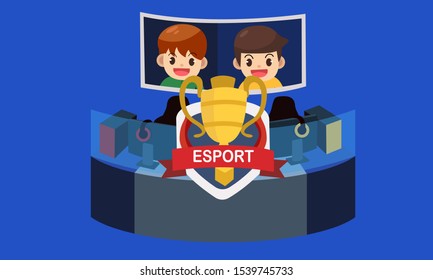 e sport event, pro gamer player tournament with champion cup. vector illustration
