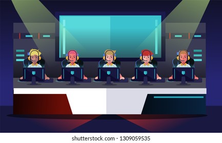 E sport tournament, team playing game. Game arena background. Vector illustration
